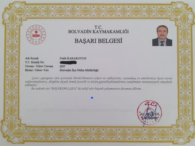 Sevilen Bolvadin Şefi Karakoyun Başarı Belgesiyle Ödüllendirildi