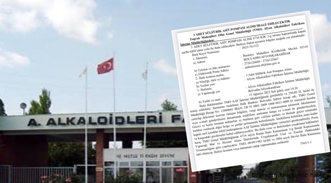 BOLVADİN ALKALOİD FABRİKASINA 3 ADET SÜLFÜRİK ASİT POMPASI ALINACAK