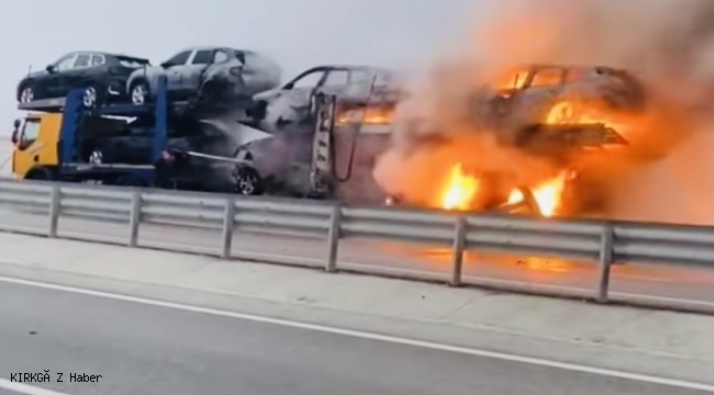 Emirdağ’da Lüks Araç Taşıyan Tır Alev Aldı: 6 Araç Kullanılamaz Hale Geldi